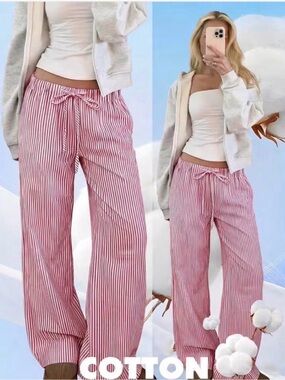 SHEIN Red and White Striped Wide-Leg Cotton Lounge Pants